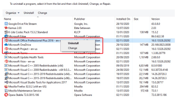 pilih uninstall pilih uninstall