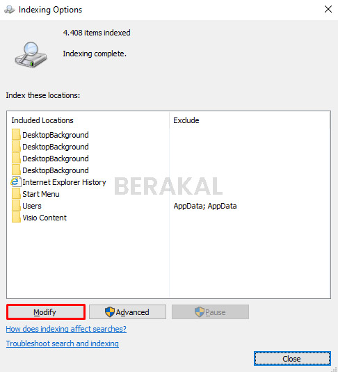 Modify Indexing Options Modify Indexing Options